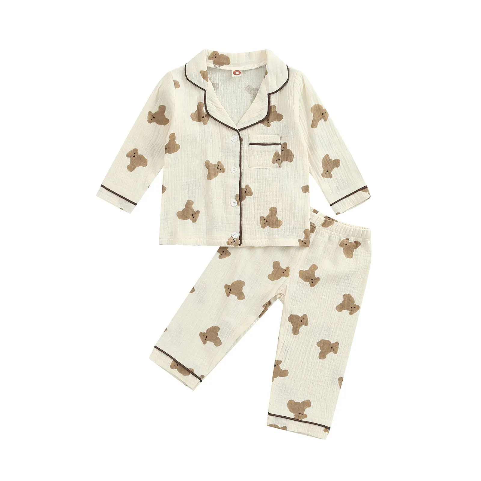 Toddler Baby Boy Girl 2Pcs Pyjamas Set Bear Long Sleeve Button Down Shirt Tops Trousers Sleepwear