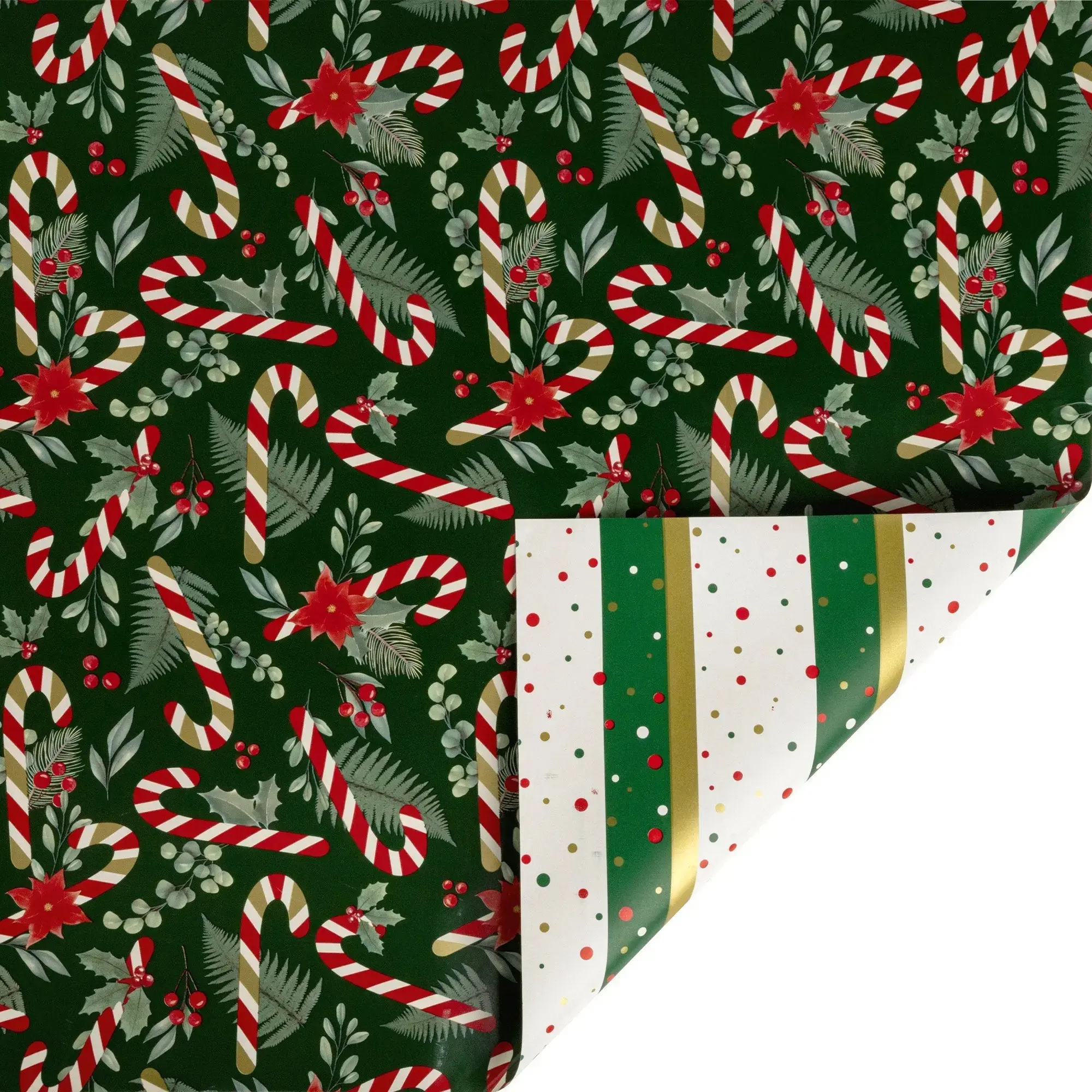30" x 10' Holiday Reversible Metallic Wrapping Paper | Candy Cane and Holly and Metallic Confetti Stripe