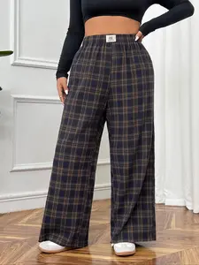 【Plus Size】 Plaid Print Wide Leg Trousers, Plaid Lounge Pants, Casual Comfy Trousers for Women, Women's Bottoms for Fall & Winter