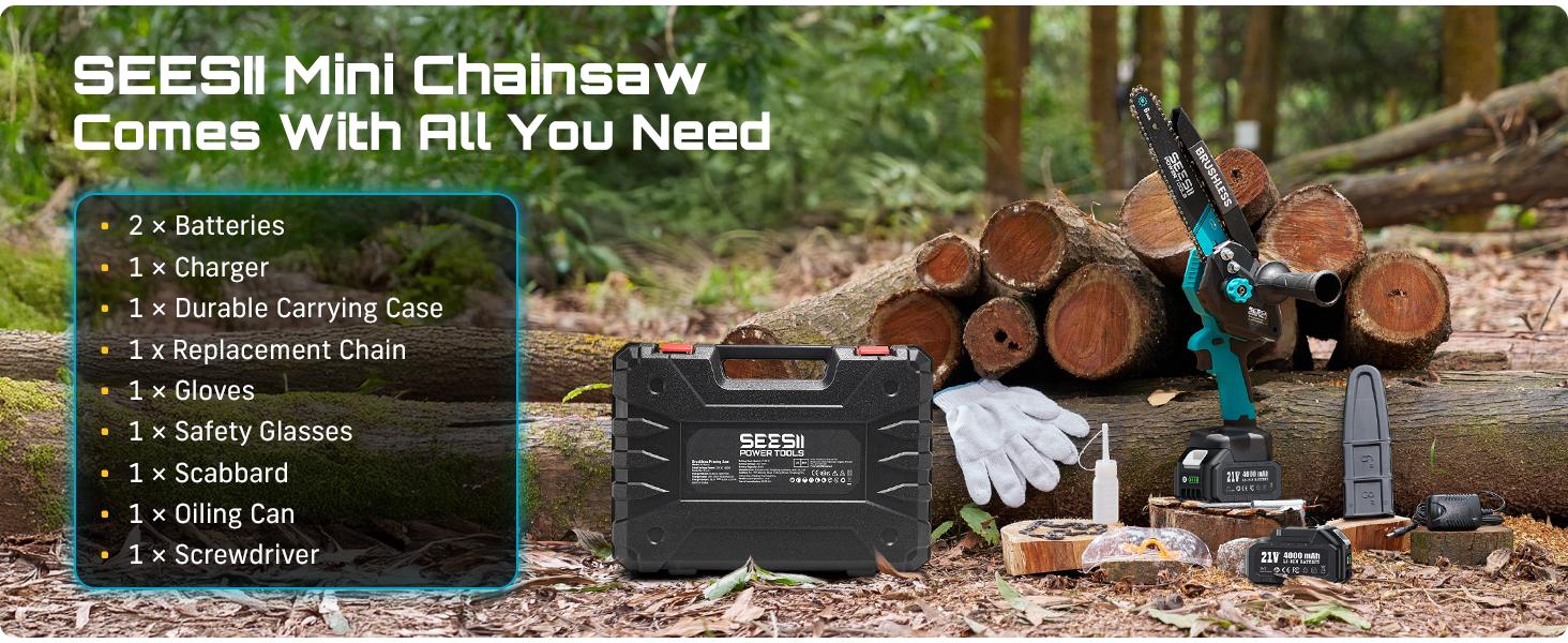 SEESII Mini Chainsaw Cordless, 8 Inch & 6 Inch Electric Chainsaw with 2 Batteries & Auto Oiler, 1000W Brushless Handheld Chain Saw for Tree Branch Wood Cutting, Garden Tools Gift for Men Dad Husband M8 Ace CS800  #NewArrival