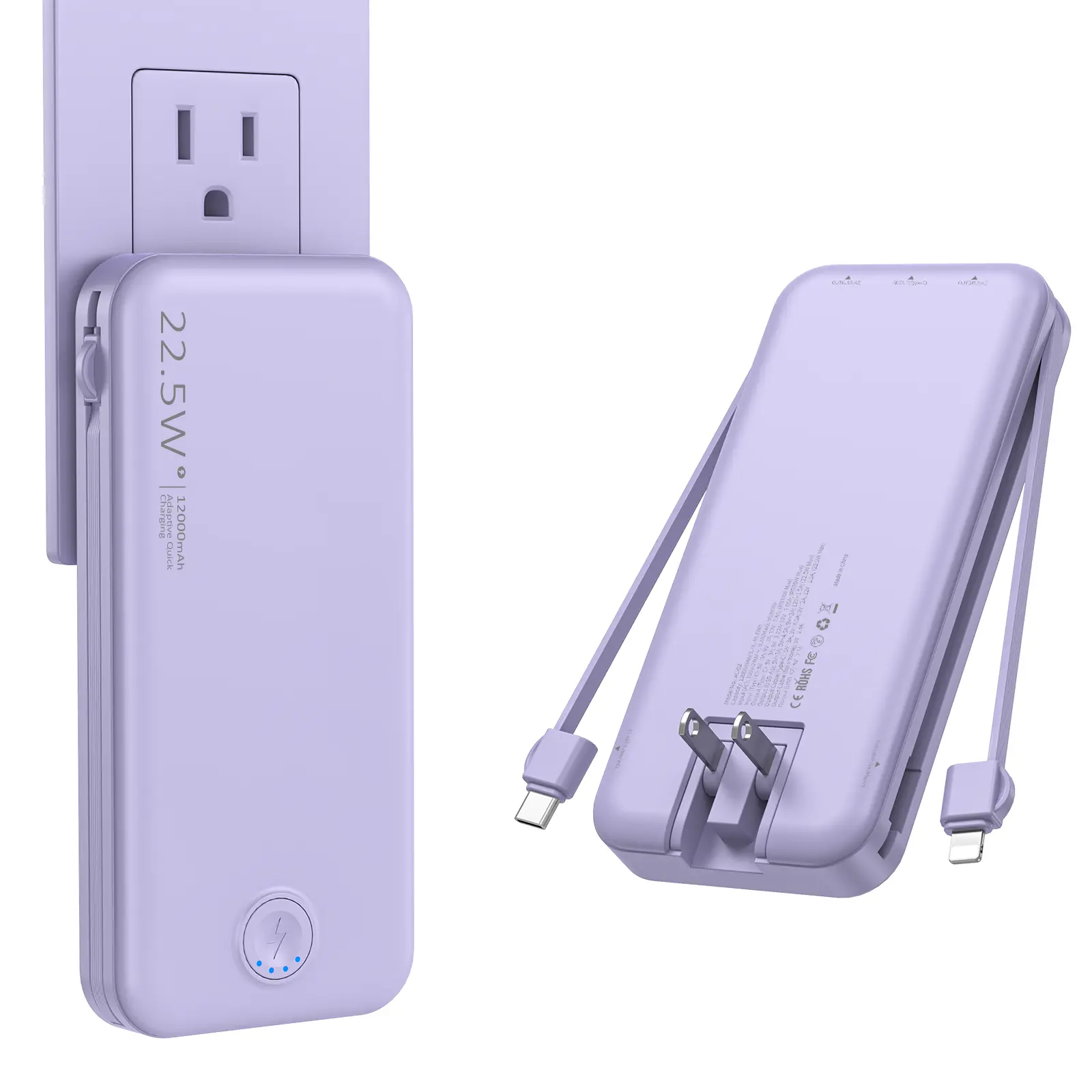 12000mAh Compact Mobile Business Power Bank with Built-in Cables, Foldable Wall Plug, Slim Fast Charging, Built-in Wall Charger, USB Type-C for Smartphones, Travel Gadgets, Accessories, Chargeable
