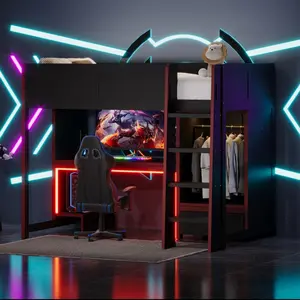 Twin Game Loft Bed with Desk and RGB LED, Wardrobe Built-in Clothes and Storage Drawers, Wood Twin Loft Bed Frame for Teens, Adults, Space Saving, No Box Spring Needed, Easy to Assemble, Black