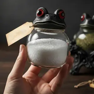 Faridabio 3-Piece Hand-Painted Potion Jars with Gothic Frog Lids, Vintage Witch Frog Spice Containers, Reusable Salt Jars, Glass Spice Jars for Gothic Home Decor