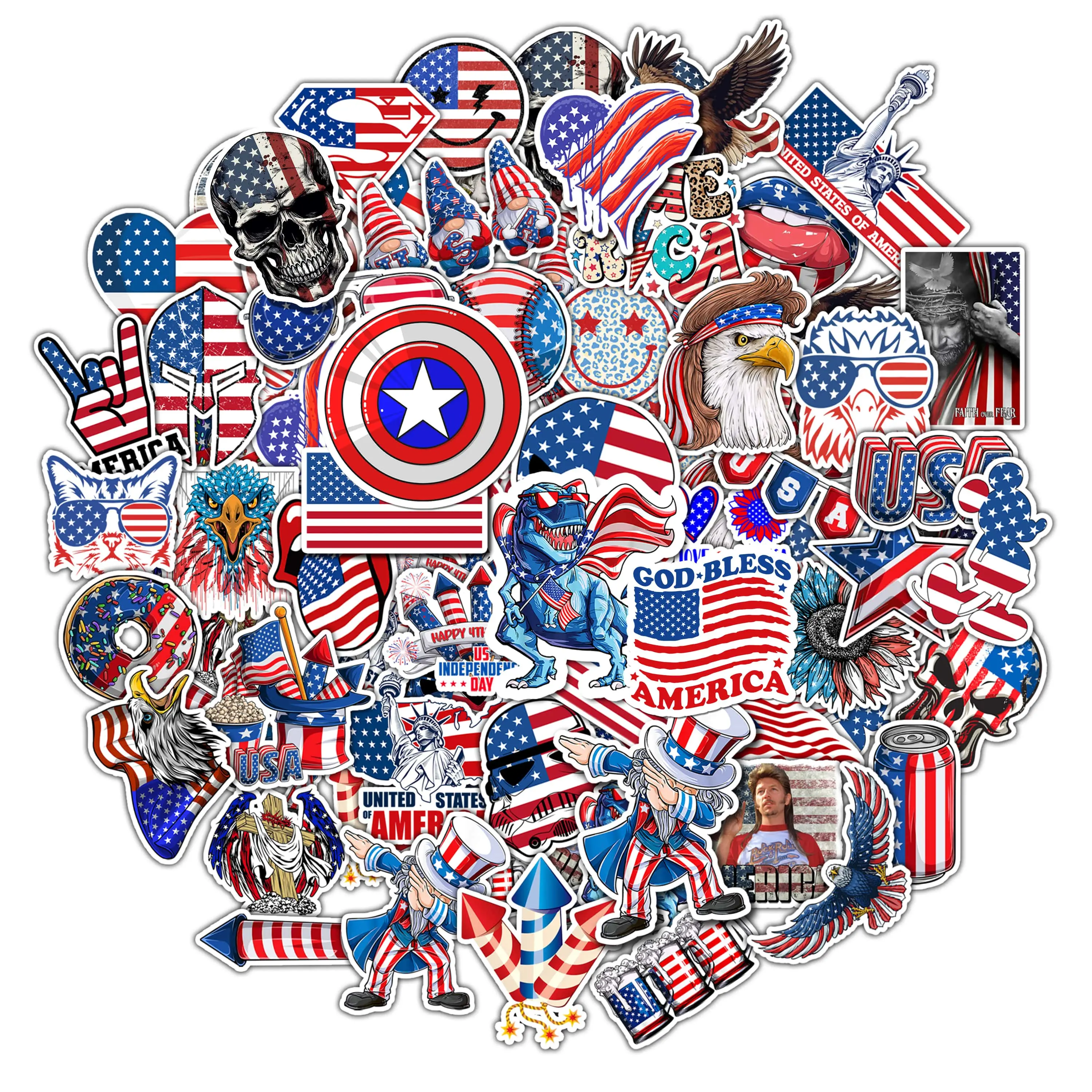 50PCS American Patriotic Stickers Pack, Waterproof Vinyl USA Decals for Water Bottle, Laptop, Phone, Car, Luggage, Skateboard, Helmet, Scrapbook, Eagle Flag Heart 4th of July Independence Day Sticker Set