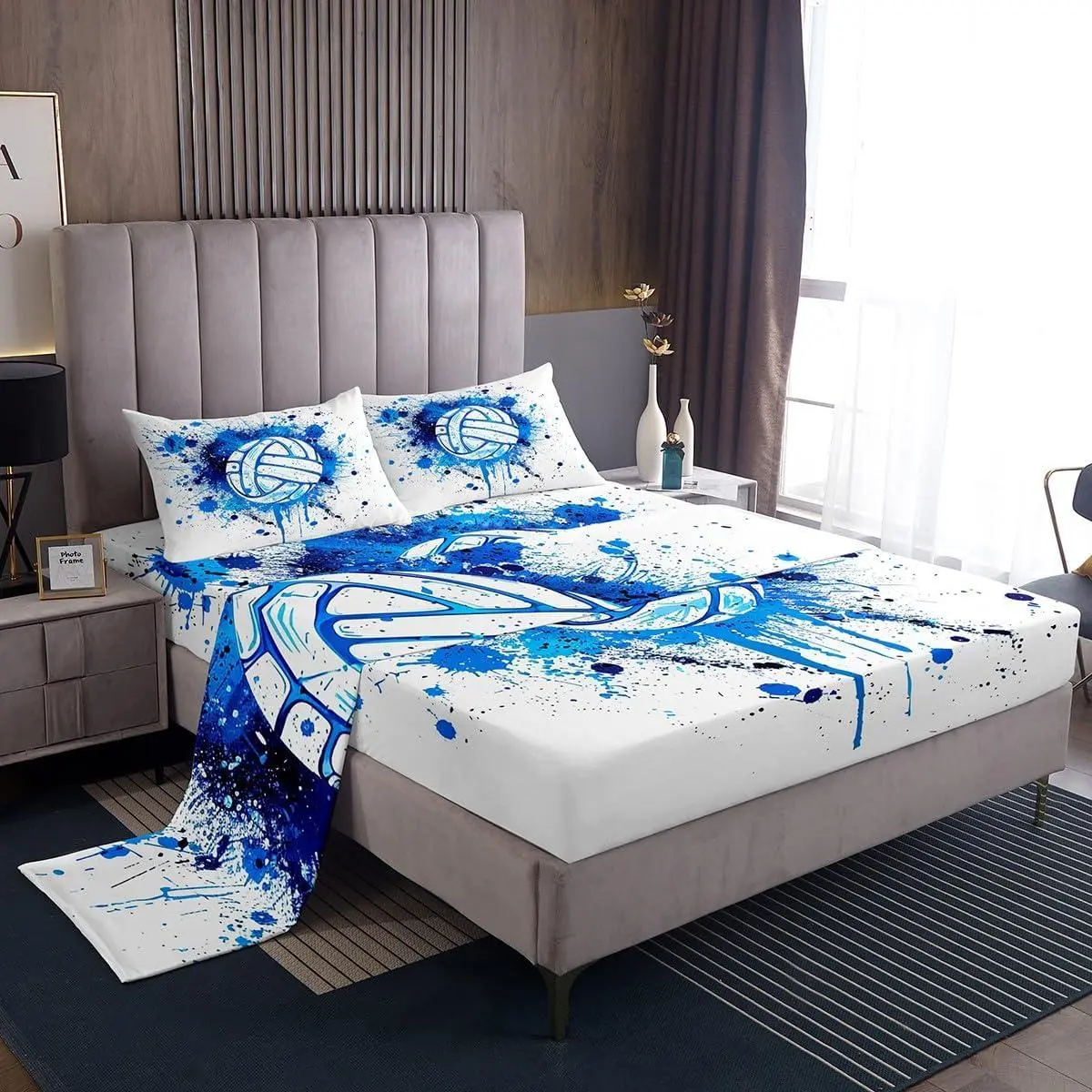 Volleyball Sheet Set,Kids Sports Games Bed Sheets Set,Blue Watercolor Bedding Set for Boys Teens Sheets Soft Room Decor (1 Flat Sheet+1 Fitted Sheet )