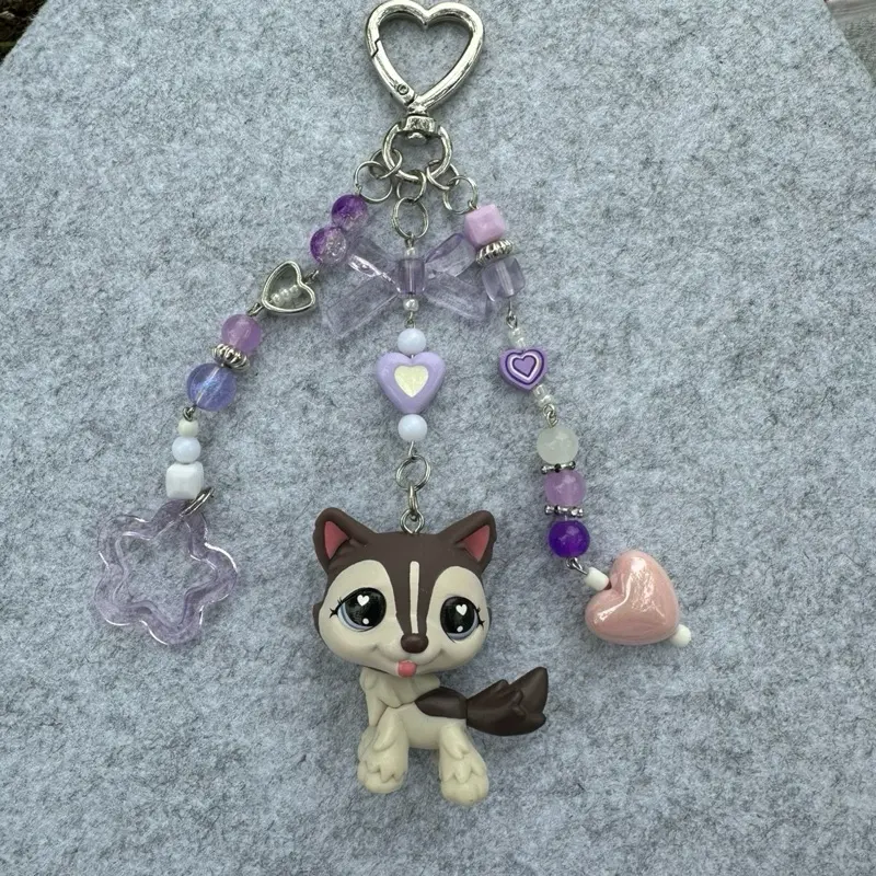 Dog Keychain with Heart-shaped Keychain and Purple Beads - Perfect for Keychains and Accessories