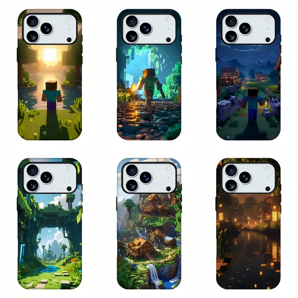 Minecraft Block World Adventure Scenery Print Phone Case, 3D Pixel Game Landscape Full Print Shockproof Gaming Trendy Phone Shell for iPhone11 12 13 14 15 16 17pro max and Samsung S21-S26 .Perfect for Her/HimGirly Phone Caseslovely gift