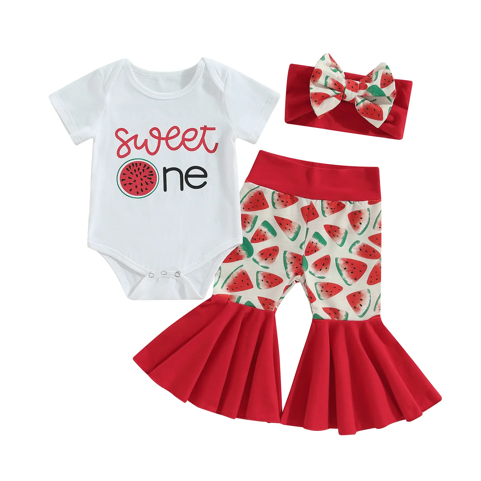 Infant Baby Girl 1st Birthday Gift Set, Short Sleeve Watermelon Print Bubble Romper, Pleated Flared Pants & 1 Headband for Photography, Outdoor Play, Holiday