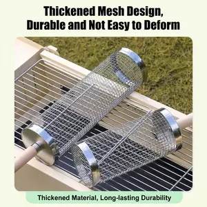 2-Piece Rolling BBQ Basket Set, Detachable Wooden Handle, 304 Stainless Steel, Nested Grill Tools, Smoker Accessories, Outdoor Cooking Gear
