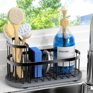 Sponge Holder for Kitchen Sink with High Brush Holder, [Stay-Dry Anywhere & No Drainage Needed] Rustproof Stainless Steel Kitchen Sink  Organizer with Water Absorbing Stone Tray, Black