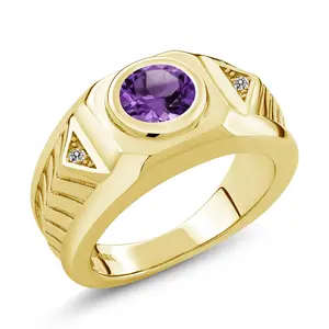 Men's 18K Yellow Gold Plated Silver Gemstone Birthstone and White Diamond Ring For Men | Round 8MM | Available in Size 7, 8, 9, 10, 11, 12, 13