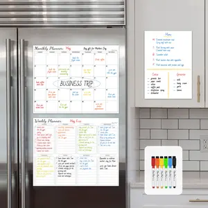 Clever Clean Non-Magnetic Calendar Set - Dry Erase Monthly Calendar, Weekly Planner and Blank Whiteboard Stick to Fridge, Smooth Wall, Cabinets and Glass. Ideal for Meal Planning,to Do,Grocery List.