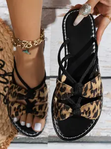 Vintage Leopard Bow Flat Sandals, Elastic Strap Toe Thong Shoes, Comfortable Casual Women's Footwear for Holiday Commuting