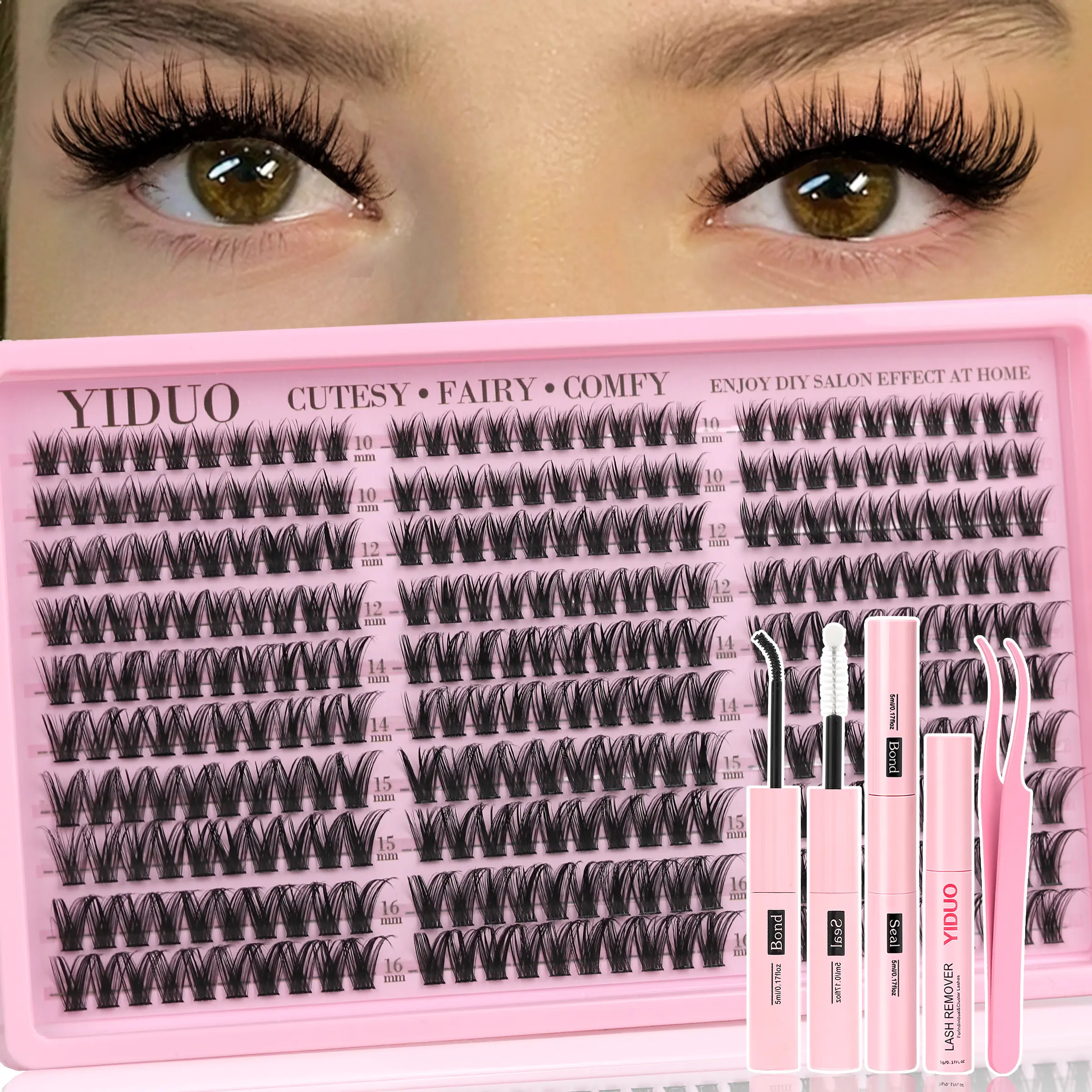 YIDUO Eyelash Cluster Kit, Wispy Lash Clusters, DIY False Eyelashes, DIY Eyelash Extensions, 10-16mm C-Curl Lash Clusters, 300 Pieces, Includes Lash Adhesive, Sealer, Remover & Tweezers for DIY Application