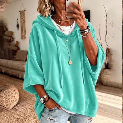 Women’s Hooded Top, Loose Fit Velour Pullover with 3/4 Sleeves, Soft Solid Color Casual Hoodie for Fall Winter, Everyday Lounge & Streetwear