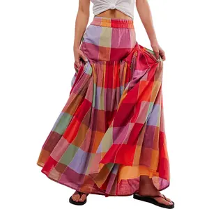 Women's Multicolour Plaid Print Ruched High Waist Casual Maxi Skirt Outfit Womenswear