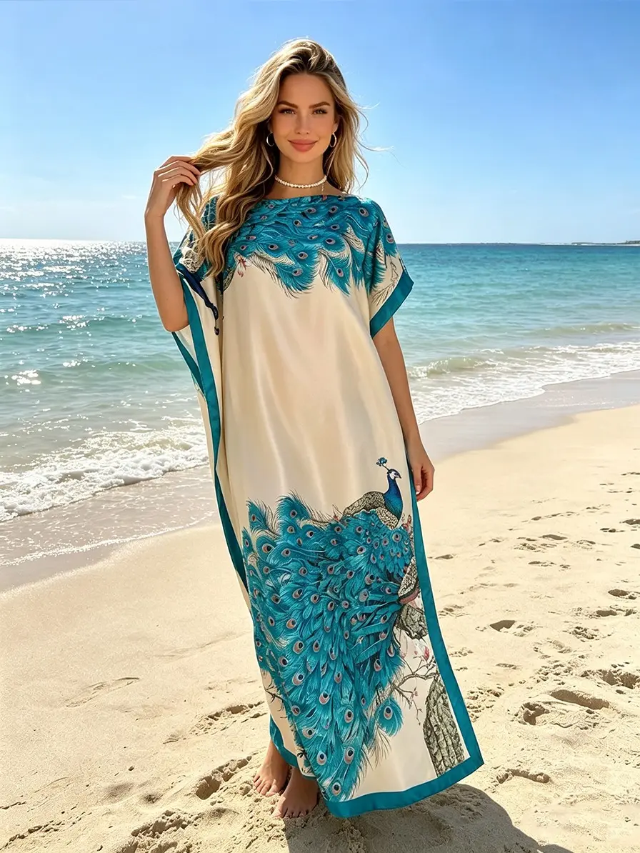 Women's Peacock Print Cape Shawl & Scarf Set, Elegant Beach Cover-Up For Holiday Vacation, Swimsuit Cover Up