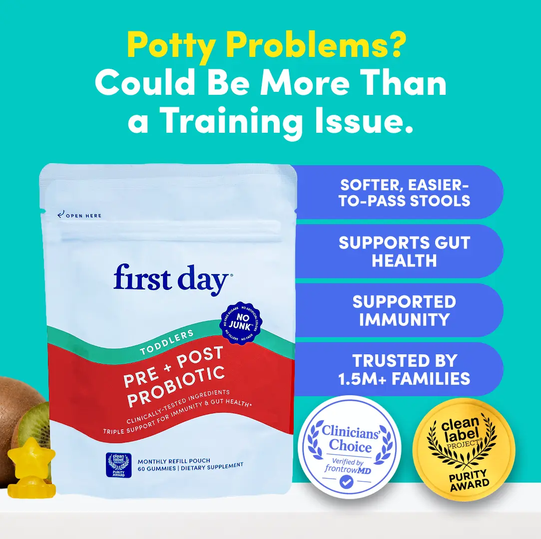 First Day Toddler Tribiotic Gummies Ages 2-3, Natural Kiwi Flavor — Livaux Prebiotic, SNZ 1969 Probiotic, MCC1849 Postbiotic — Gut Health, Immunity, Healthy Digestion, Constipation Relief — 30-Day Supply, Vegan, Non-GMO, No Junk
