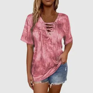 Flamingals Tie Dye Criss Cross V Neck Short Sleeve T-Shirt Summer Vibes