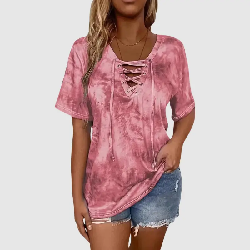 Flamingals Tie Dye Criss Cross V Neck Short Sleeve T-Shirt Summer Vibes