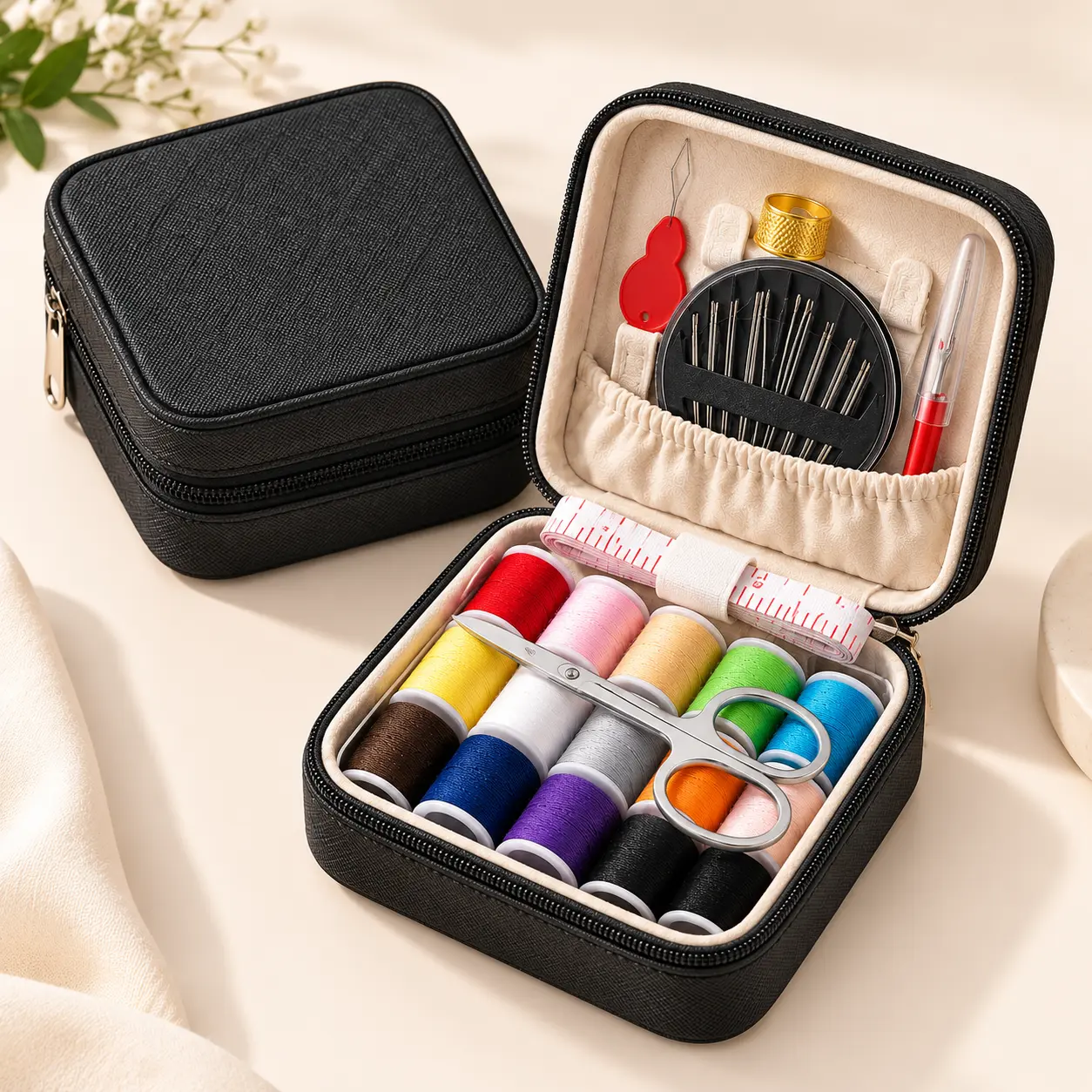 Portable Sewing Kit with 11 Color Thread Spools, Scissors, Needles, Measuring Tape & Sewing Accessories, Compact Zipper Sewing Repair Kit for Travel, Home, Clothing & Emergency Mending