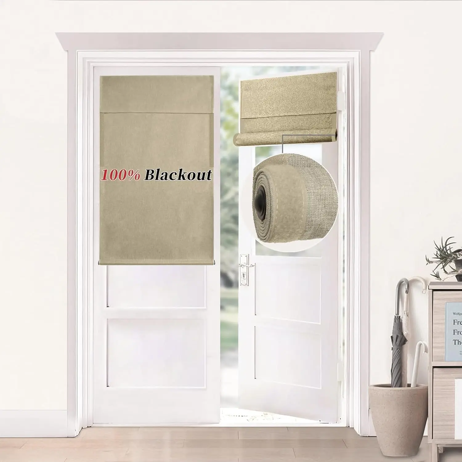 100% Blackout Roll-Up Rod Pocket Curtains for Glass Doors - UV Blocker, Easy-Install Magic Tape, Privacy Protection, Hemp Gray, 24" W x 38" L