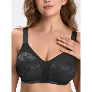 Wireless Minimizer Sports Bra for Plus Sizes Featuring a V-Neck Seamless Bralette with a Floral Mesh Design, Double-Layer Support, Wide Straps, And Full Coverage, Available in Sizes 36B to 48G.