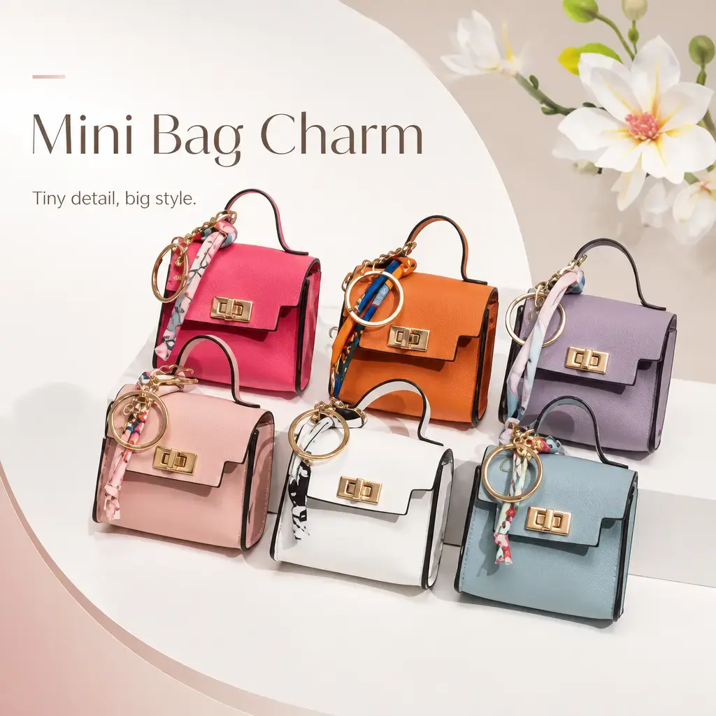 Cute Mini Square Leather Keychain with Colorful Strap, Versatile Car Key Pendant Bag Charm Accessories for Women Girls