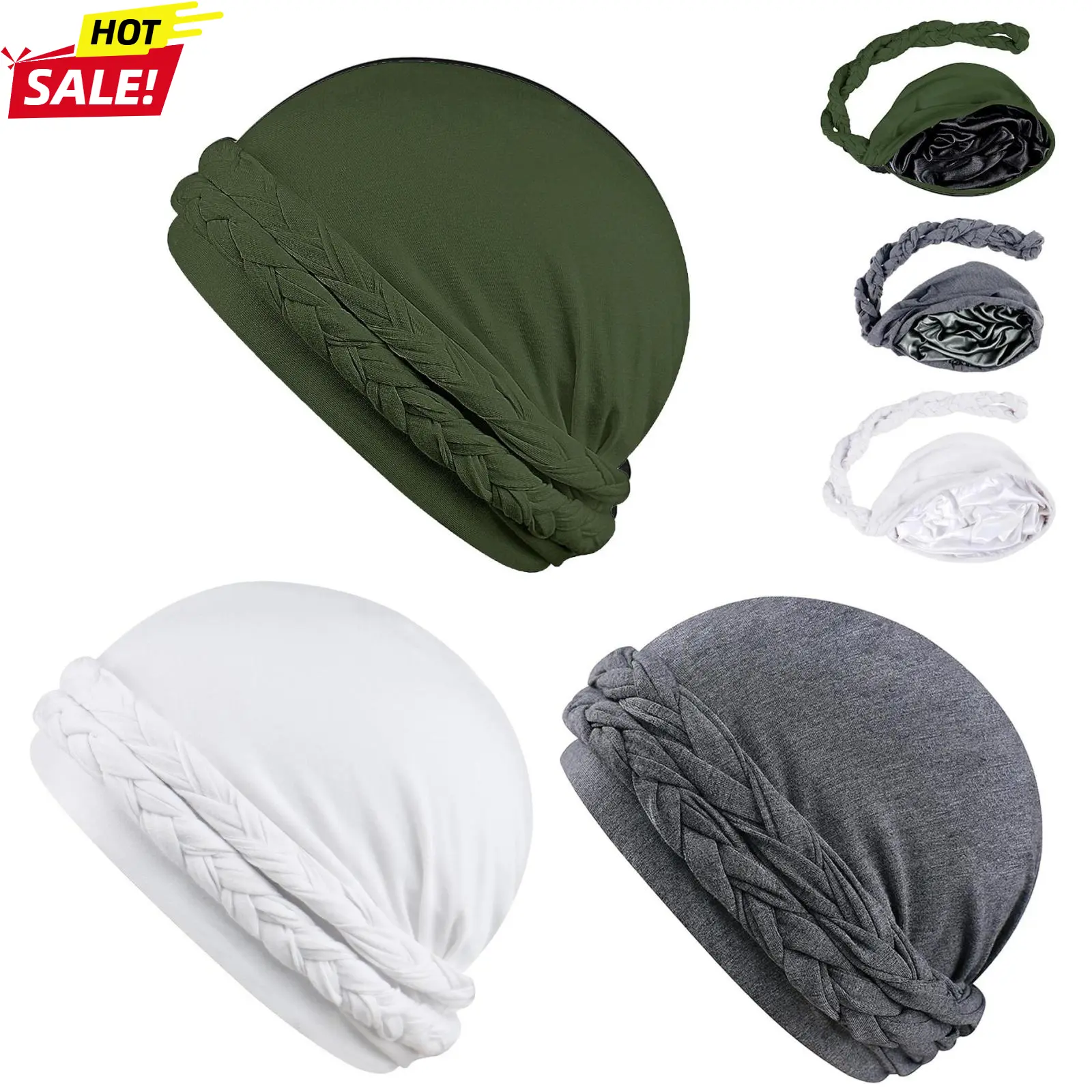3-Pack Silky Smooth Halo Turban Set - Satin Lined Durag Skull Cap with Pre-Tied Handmade Braids Tail, Stylish Beanie & Sleeping Bonnet for All