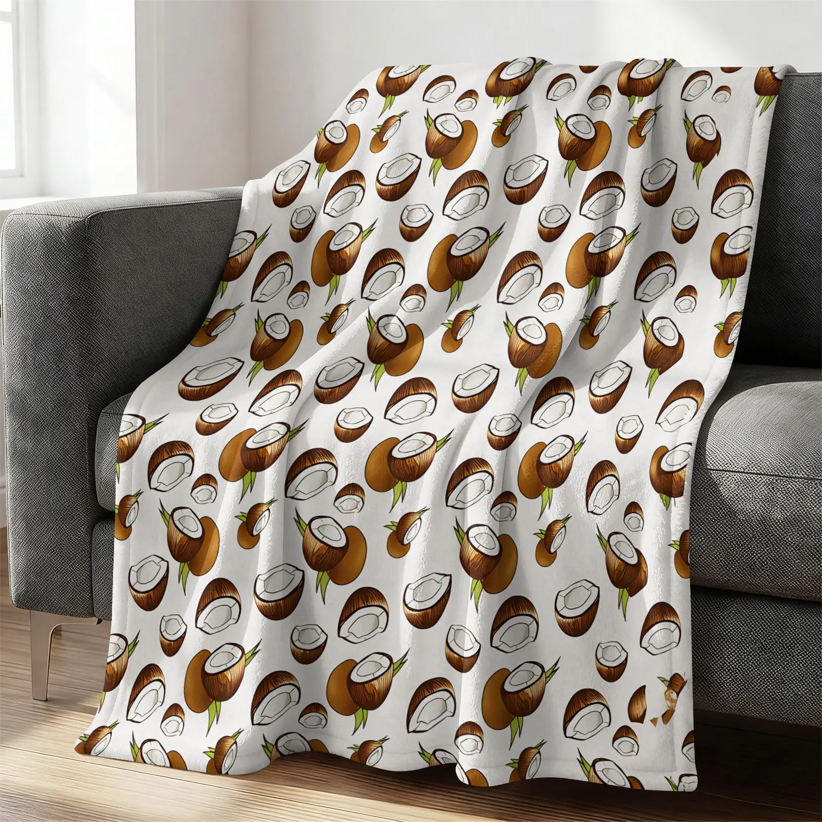 Ultra Soft Coconut Print Fleece Blanket, Smooth Flannel Fabric for Skin-Friendly Touch, Warm & Cozy Lightweight Throw, Perfect for Sofa Couch, Bed & Camping Trips