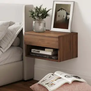Wall Mounted Floating Nightstand with Storage Drawer and Open Shelf Cubby  Dark Walnut Finish