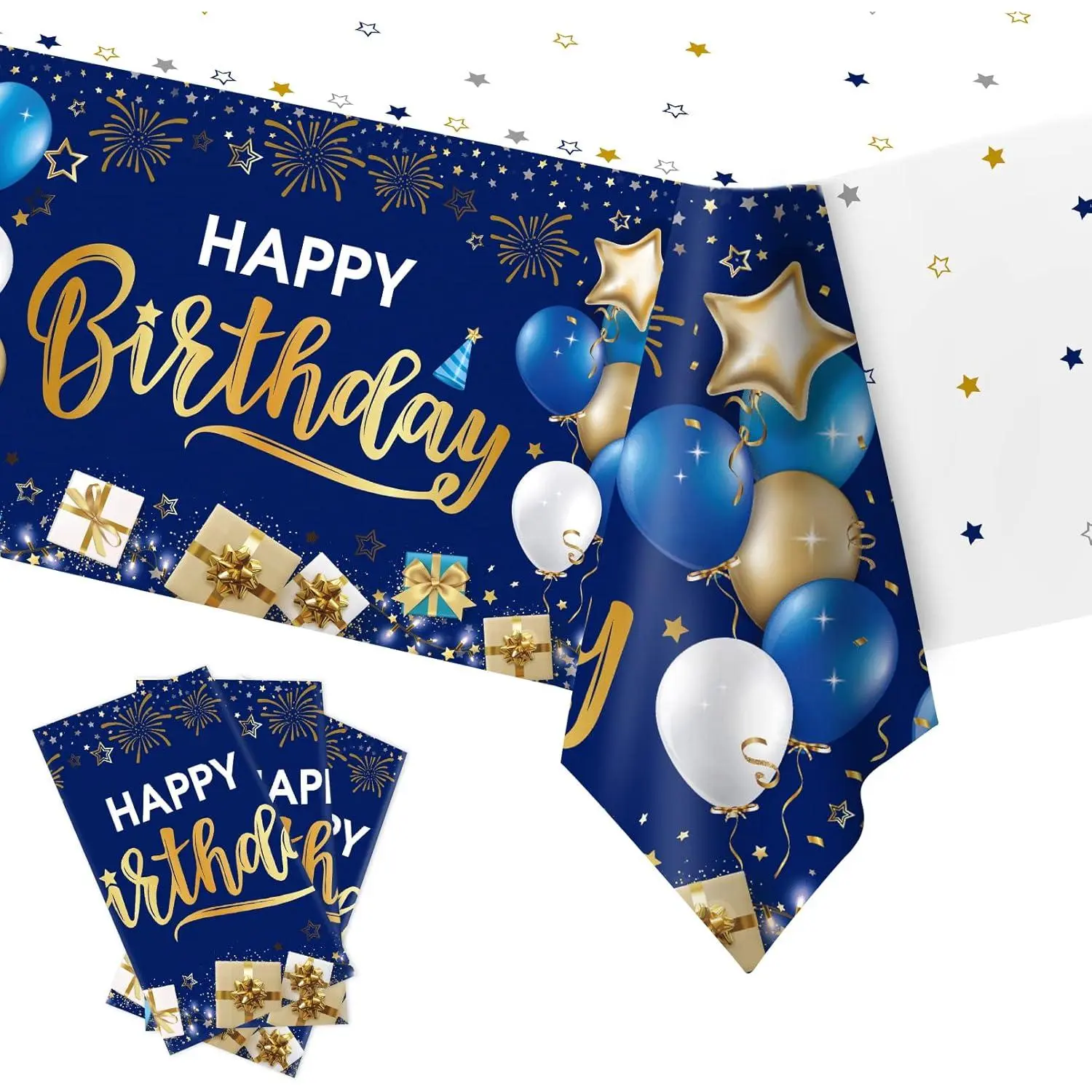 Happy Birthday Decorations, 3 Pcs Navy Blue and Gold Birthday Tablecloth for Boys Girls Men Women, Plastic Disposable Rectangle Table Cover for Birthday Party Supplies- 54" x 108"