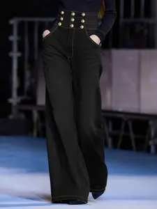 Women's Loose Fit Plain Long Pants, High Waist Wide-Leg Trousers with Button Fly, Casual Daily Commute Wear, All Seasons