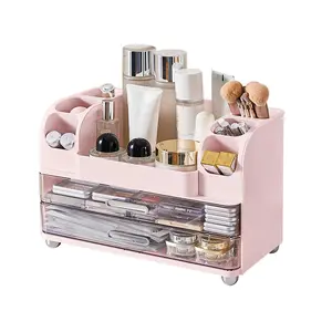 Large Pink Classic Makeup Organizer Box with Brush Holder - Home Organizer for Vanity, Bathroom Countertop Storage of Lipsticks, Nail Polishes, Perfumes, Eyeshadow Palettes, Jewelry