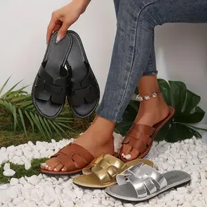 [Comfortable Flat Slippers] Comfortable European Large Size Women's Open-toe Hollow Simple Flat Slippers Sandals - New American Casual Fashion Outdoor Beach Summer Shoes comfortable sandal Girl Footwear gold stud Tsinelas Parent 【Red】