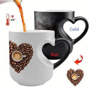 Heart-Shaped Magic Color Changing Ceramic Mug Drinkware with Black Heart Design – Thermosensitive from Hot to Cold Drinks, Coffee Bean Heart-shaped Pattern Coffee Mug, Perfect Mother'S Day And Valentine's Day or Holiday Gift, Reusable, Hand Wash Only