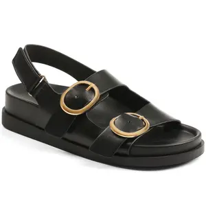 Flat Sandals for Women with Cushioned Footbed Open Toe Double Buckle Adjustable Hook-Loop Dress Summer Casual Beach Pool Party Sandals