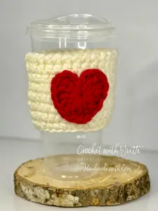 Handmade Soft White Crochet Cup Cozy with Red Heart (Made to Order)