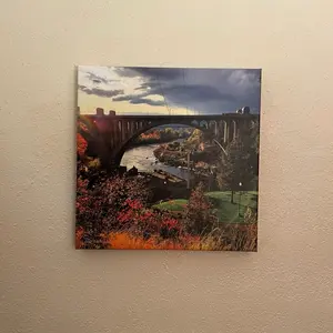 "What a Walk" - 16x16 Canvas Print of Monroe Street Bridge with Autumn Foliage & Dynamic Sky for Spokane Home Decor