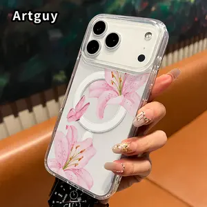 MagSafe Case for iPhone 17 Pro Max 16 Plus 15 14 13 12 11 Air E Pink Lily Reverie Acrylic Transparent All Coverage support wireless charging Cell Phone Cover Gift