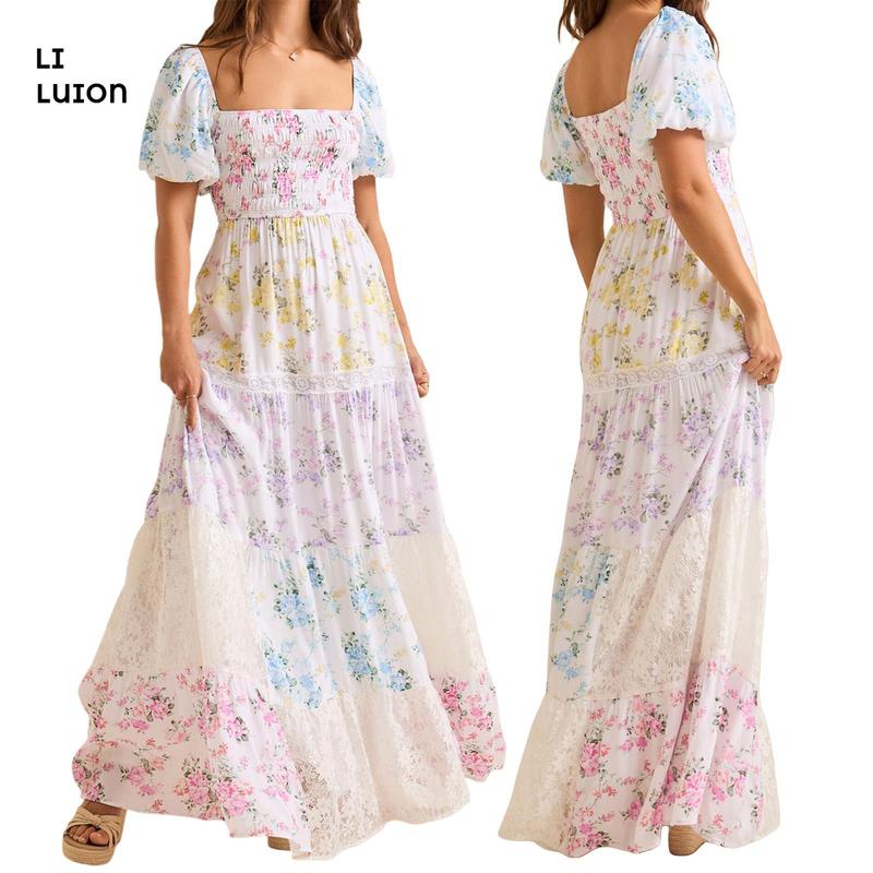 Women Summer Beautiful Colorful Floral Print  A-line Dress Casual Ruffled Hem Short Sleeve Party Dress For Cocktail Streetwear Elegant Fashion Beach Womenswear