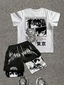 Tokyo Anime Dragon Graphic Tee + Skull Mesh Shorts Set | Y2K Harajuku Streetwear | Japanese Manga Aesthetic | Hip Hop Skate Casual Outfit | Breathable Athletic Shorts | Edgy Anime Fan Fashion for Men Women