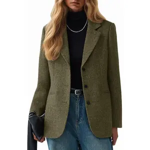 Mina Self 2026 Spring Women Herringbone Tweed Wool Blazer-Lapel Collar Business Casual Long Sleeve Office Jacket with Pockets
