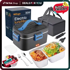 Nifogo Electric Lunch Box 80W 1.5L Portable Food Heater with Tableware Fork Spoon & Lunch Bag for Home Office Travel Quick Heating Stainless Steel - 80W/1.5L/Black+Black