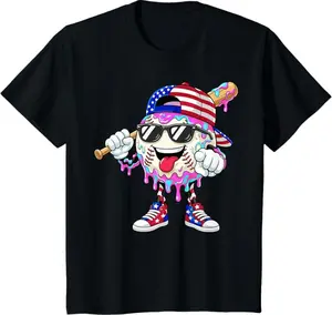 Baseball Drip Ice Cream Boys Baseball Drip 4th of July T-Shirt, Baseball Lifestyle Ice Cream Drip Shirt, Gift For Him, Soft & Comfortable Cotton Top