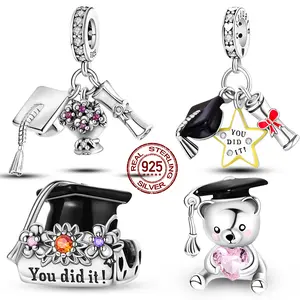 New 2026 925 Sterling Silver Charms Bachelor's Cap Graduate Beads Pendant Fit Original Bracelet DIY Bead Gift For Graduation Ceremony Gift for love