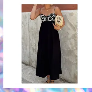 Commense Black Embroidered Shirred Spaghetti Strap Long Dress