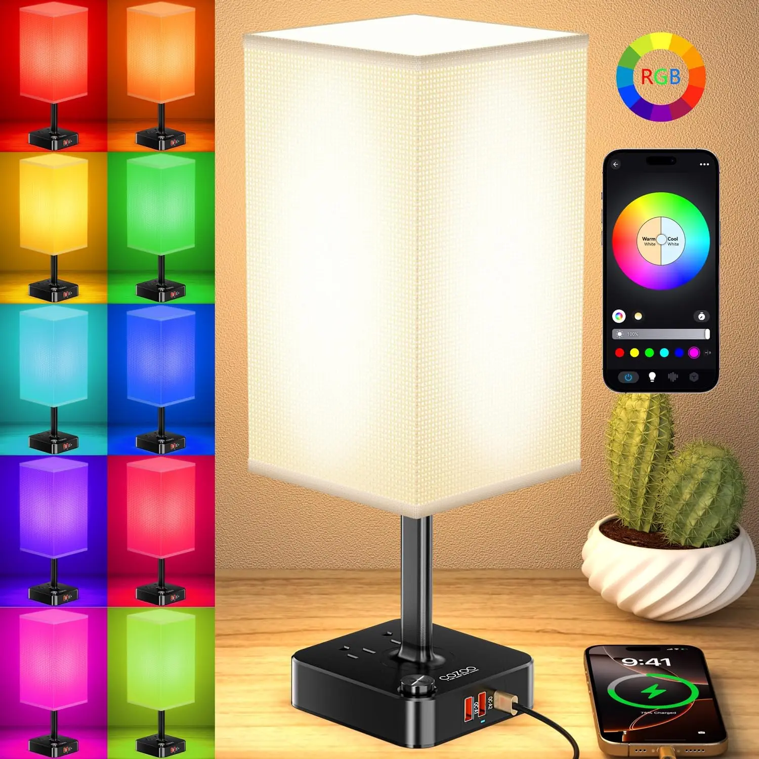 Bluetooth/WiFi RGB & USB Bedside Table Lamp with 3 USB Charging Ports and 2 Outlets Power Strip, LED Light Bulb Dimmable, Music Sync RGB Color Changing Light for Party Home/Bedroom/Living Room