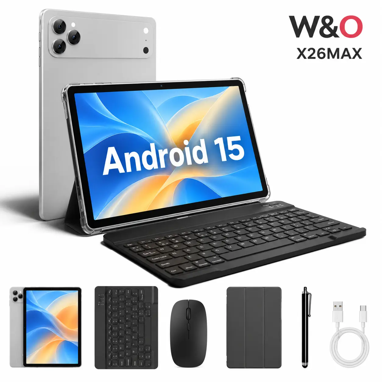 W&O X26MAX 11" Android 15 Tablet Bundle, 12GB+256GB, 10000mAh Battery, GPS, Keyboard, Wireless Mouse, Stylus, Screen Protector, Charging Cable & Case, Portable Tablet for School, Office and Travel