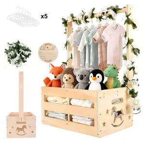 Wooden Baby Shower Crate Closet, Newborn Gift Basket with 6 Hangers, Natural Wood Nursery Storage, Easy Assembly, Personalized Gift